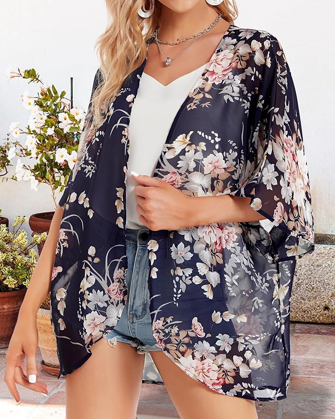 Women's Floral Print Puff Sleeve Kimono Cardigan Loose Cover Up Casual Blouse - Image 6