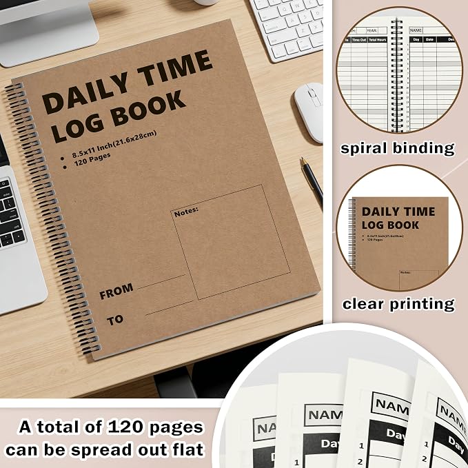 3 Pcs Daily Time Sheet Log Book Spiral 120 Pages 8.5x11 Inch Binder Work Hours - Image 3