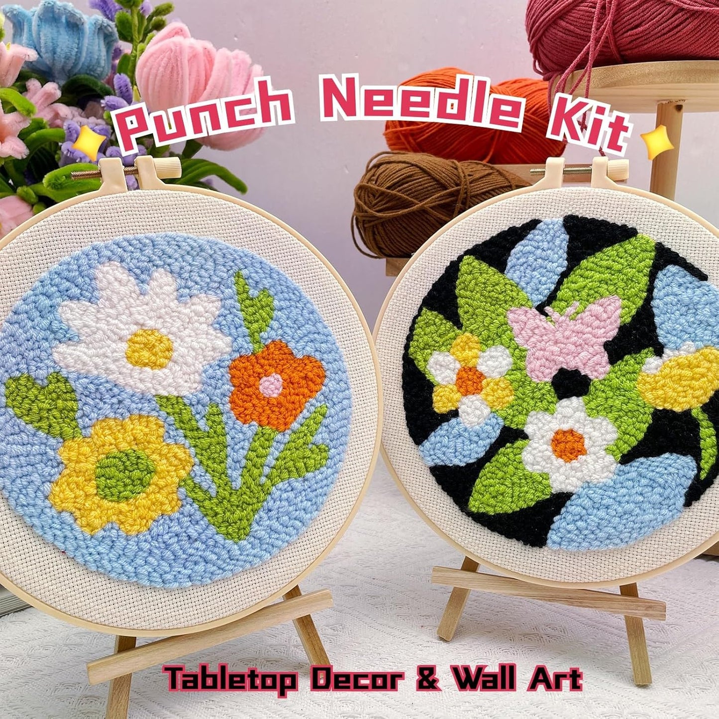 Punch Needle Kit for Adults Beginners, 2Pcs Flower Punch Embroidery Starter Kit – Easy Yarn Stitch Project with Instructions – Fun Needle Point Craft for Home Decor & Gift Idea