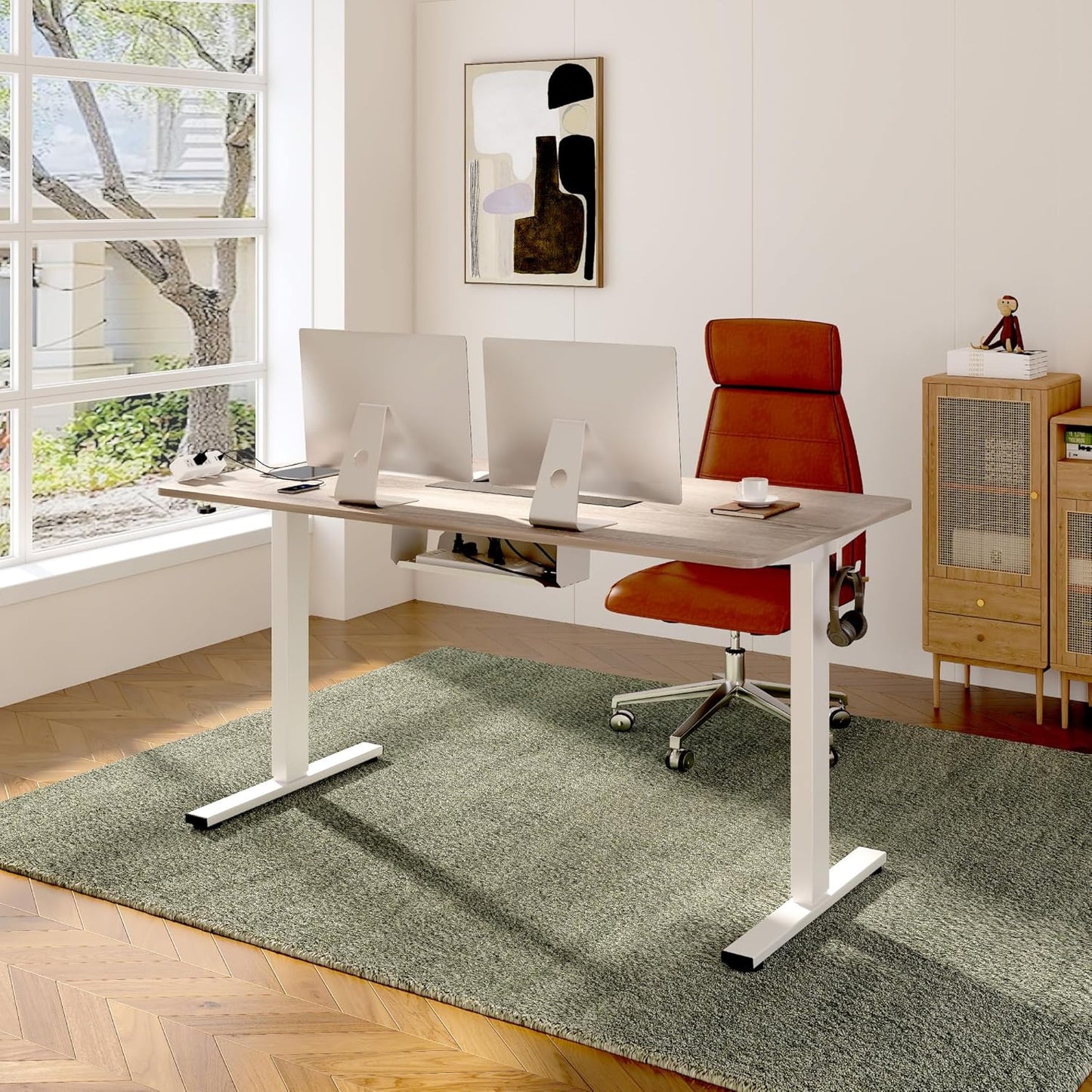 FLEXISPOT EN2 Whole-Piece Standing Desk with Clamp Power Strip, 48 x 30 Electric Stand Up Height Adjustable Desk with Cable Management (White Frame + 48" White Wood Grain Desktop, 2 Packages)