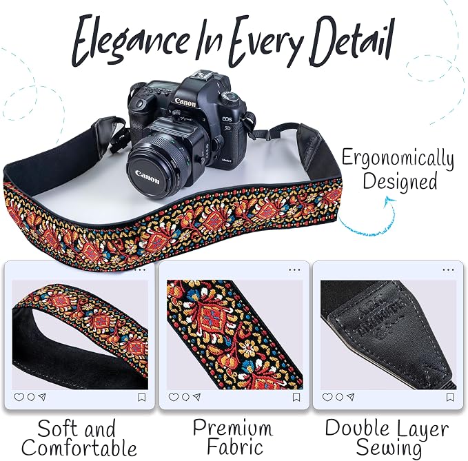 Art Tribute Camera Strap, Vintage Embroidered Neck Shoulder & Crossbody Camera - Image 3