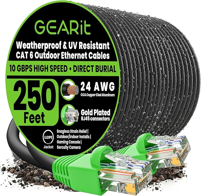 GEARit Cat6 Ethernet Cable 250ft, Outdoor Direct Burial Cat 6 Cable 24AWG High by GEARit