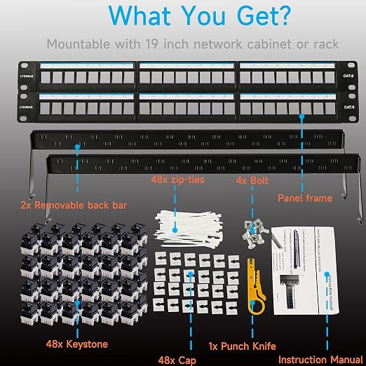Cat6 Patch Panel 48 Port with Keystone, RJ45 Network Panel 19 Inch, Punch Down - Image 7