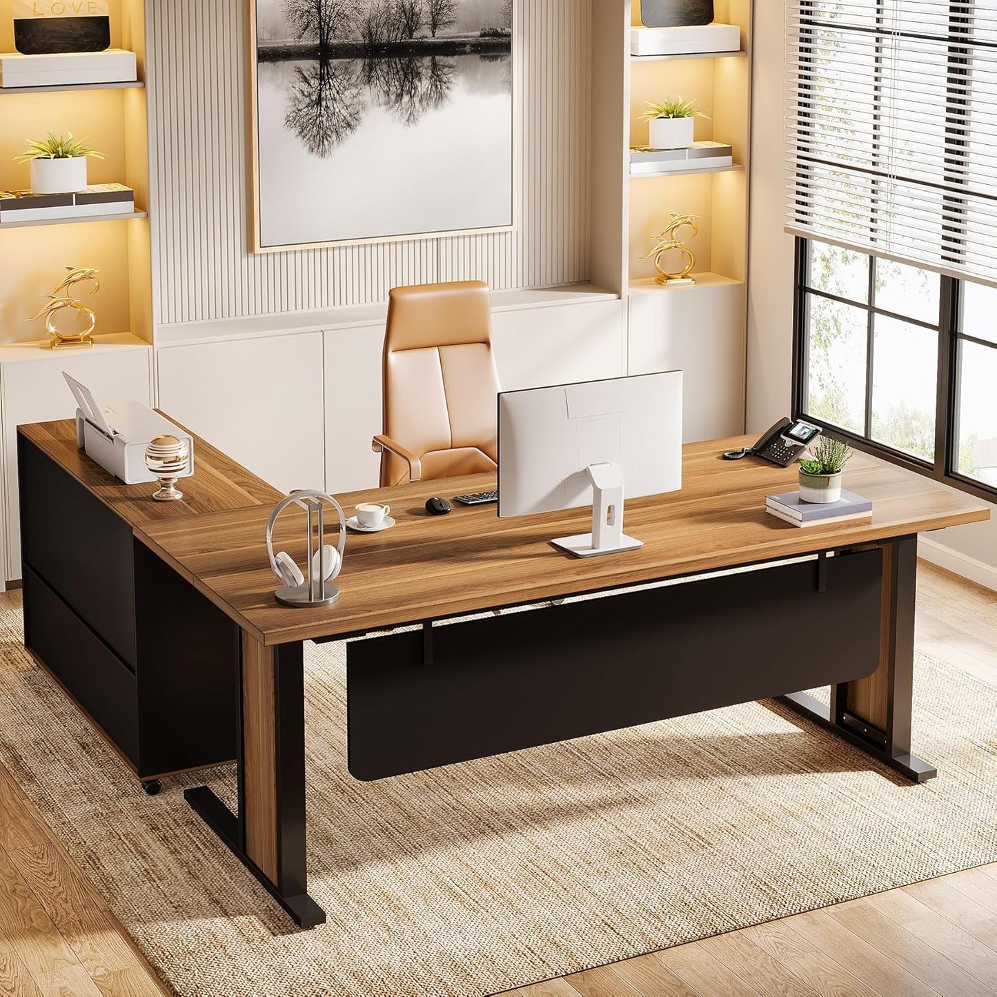 Tribesigns 63" Large Executive Desk L Shaped Computer Desk with File Storage Cabinet, L-Shaped Executive Office Desk Business Desk Set, Computer Desk with Mobile Cabinet for Home Office