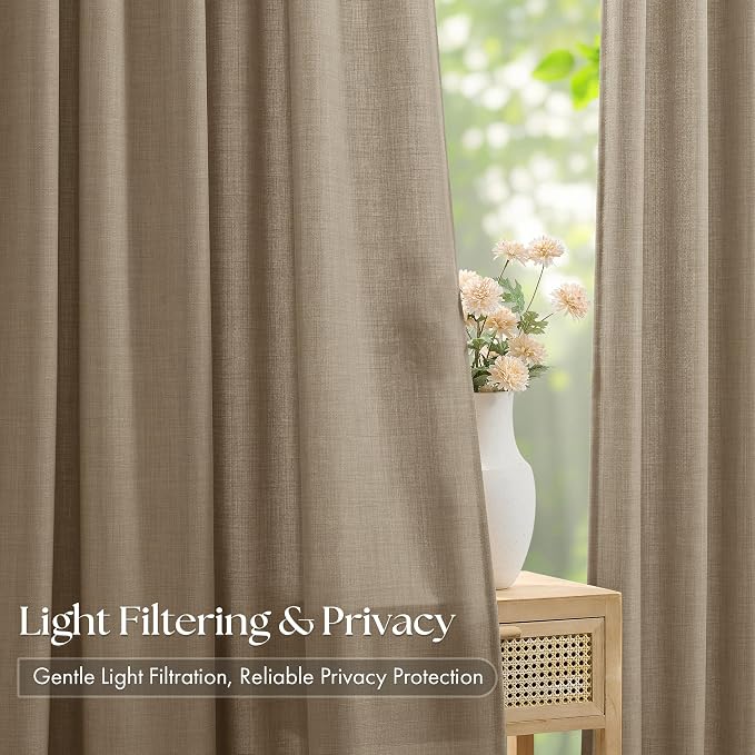 Pleated Light Brown Semi Sheer Sliding Door Curtains 105 Inches Long 4 Panels - Image 3