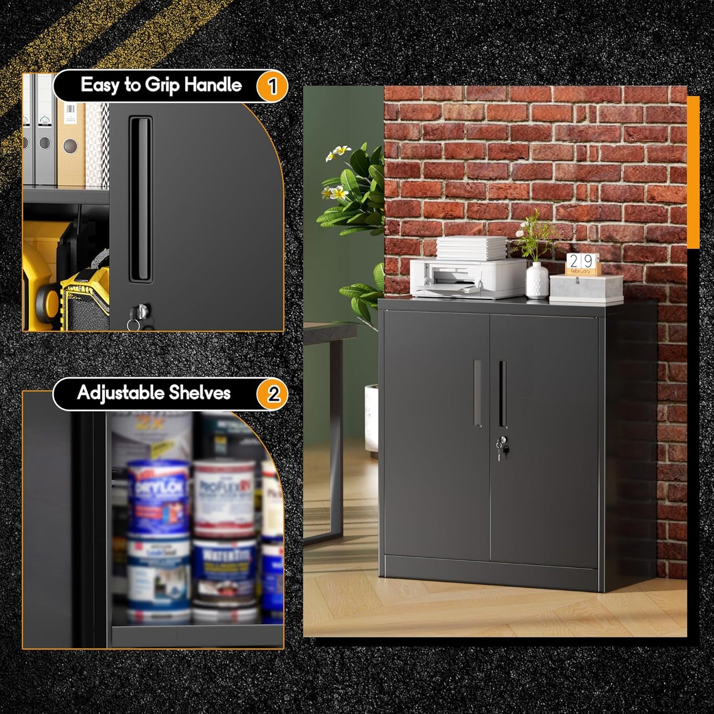 Greenvelly Metal Garage Storage Cabinet,36" Black Lockable Metal Cabinets with 2 Doors and Shelves,Storage Locking Counter Cabinet for Home Office,Garage,Kitchen,School