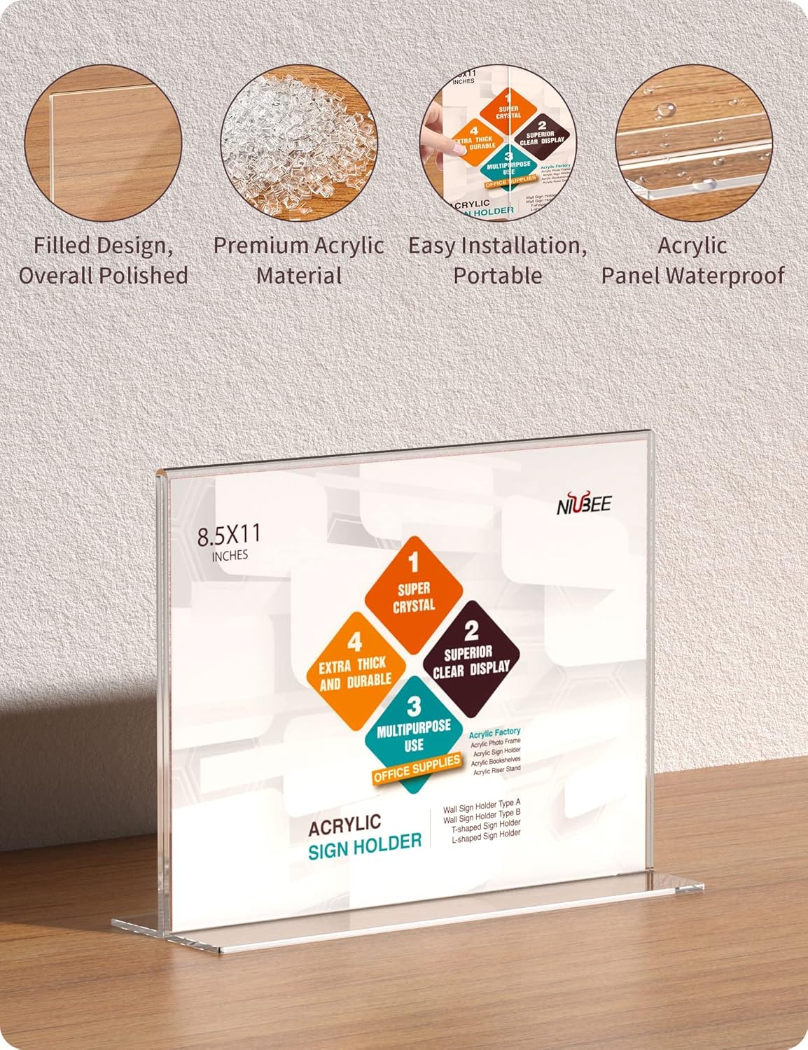 NIUBEE Acrylic Sign Holder 8.5x11 Inches 3 Pack Horizontal, T Shape Double Sided Clear Frames, Plastic Paper Flyer Display Holder, Document Menu Table Stand for Office, Store -Landscape