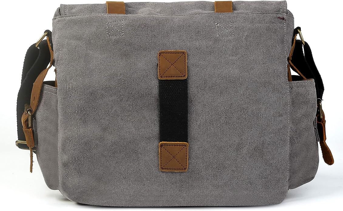 Sechunk Vintage Military Leather Canvas Laptop Bag Messenger Bags Medium - Image 4
