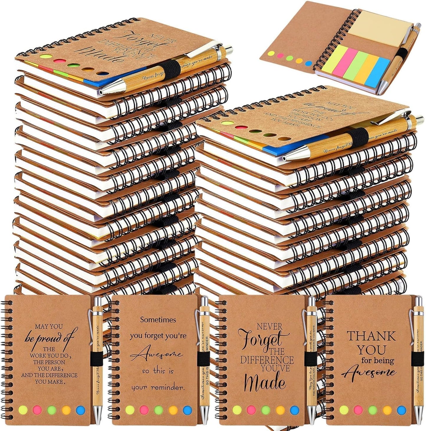 60 Sets Employee Appreciation Gifts Spiral Notebooks with Sticky Notes Notepads Thank You Journals Inspirational Bamboo Ballpoint Pens Bulk for Nurse Teacher Coworker
