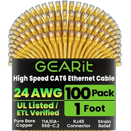 GEARit Cat 6 Ethernet Patch Cable 1 ft Yellow Cat6 Patch Cables 1ft by GEARit