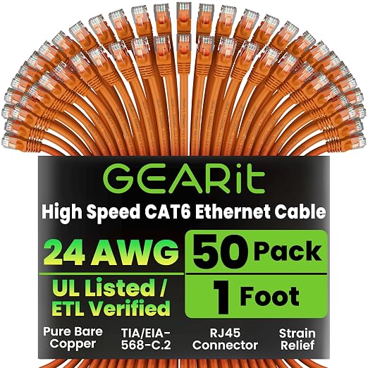 GEARit Cat 6 Ethernet Patch Cable 1 ft Orange Cat6 Patch Cables 1ft by GEARit
