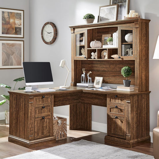 OKD 60" L Shaped Executive Desk with Hutch and Drawers, Farmhouse Home Office Desk with Charging Station, File Cabinet Storage, Wood Corner Computer Desk for Work and Study, Reclaimed Barnwood