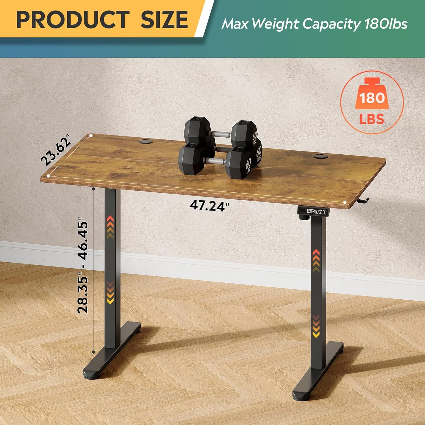 DEVAISE 48 Inch Electric Standing Desk, 3 Adjustable Height Stand up Desk for Home Office, Ergonomic Sit to Stand Desk with LED Touchscreen and Hook, 3 Memory Preset Computer Desk (Rustic Brown)