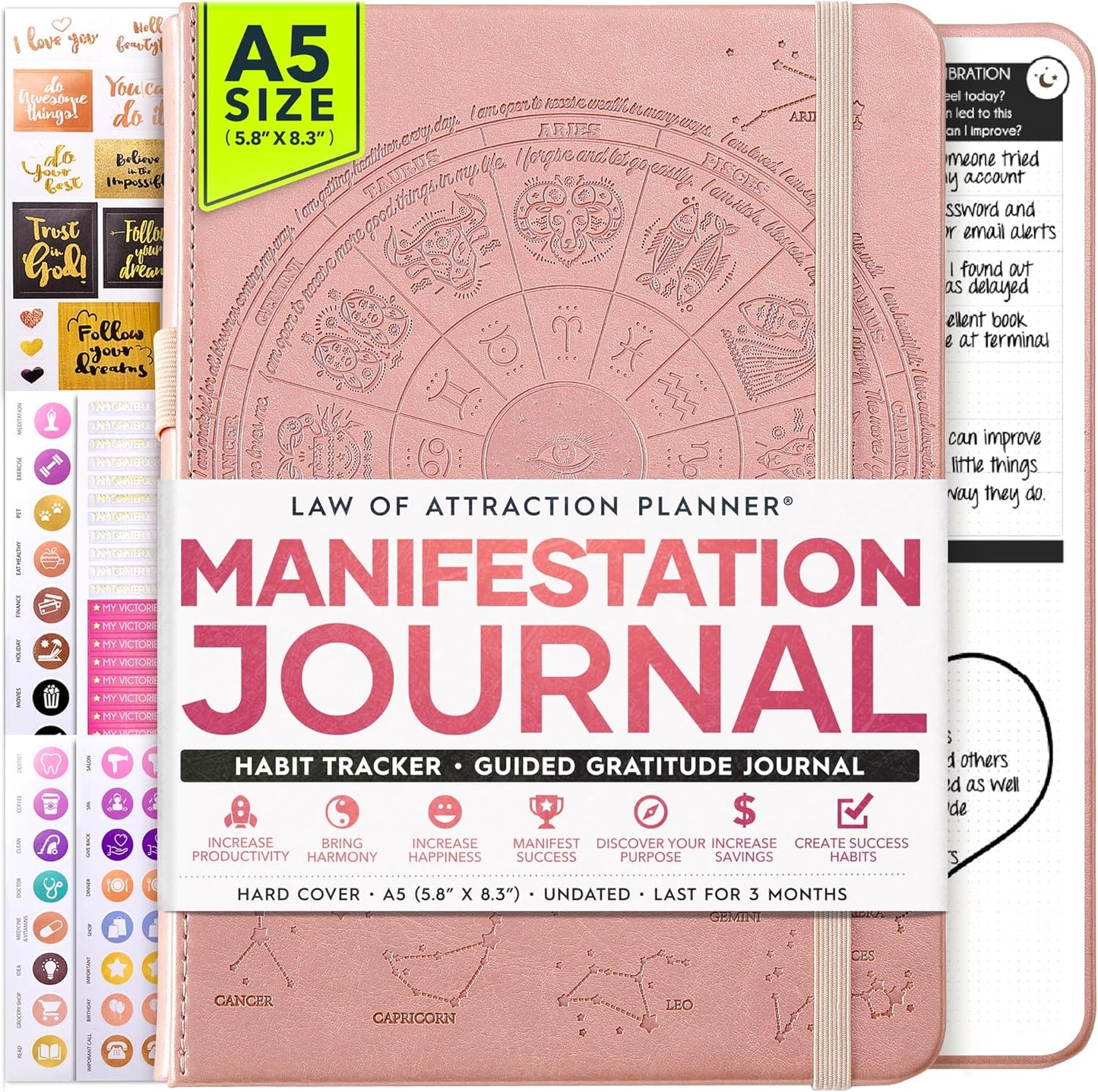 Manifestation Journal - 5 Minute Manifesting & Self Care Journal | 90-Day Undated Daily Planner for Positivity, Affirmations & Gratitude | Guided Mindfulness, Reflection | Vision Board + Stickers