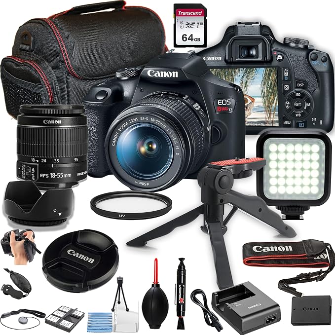 Canon EOS Rebel T7 DSLR Camera Bundle – EF-S 18-55mm Lens, 64GB Memory Card by Amazon+Renewed