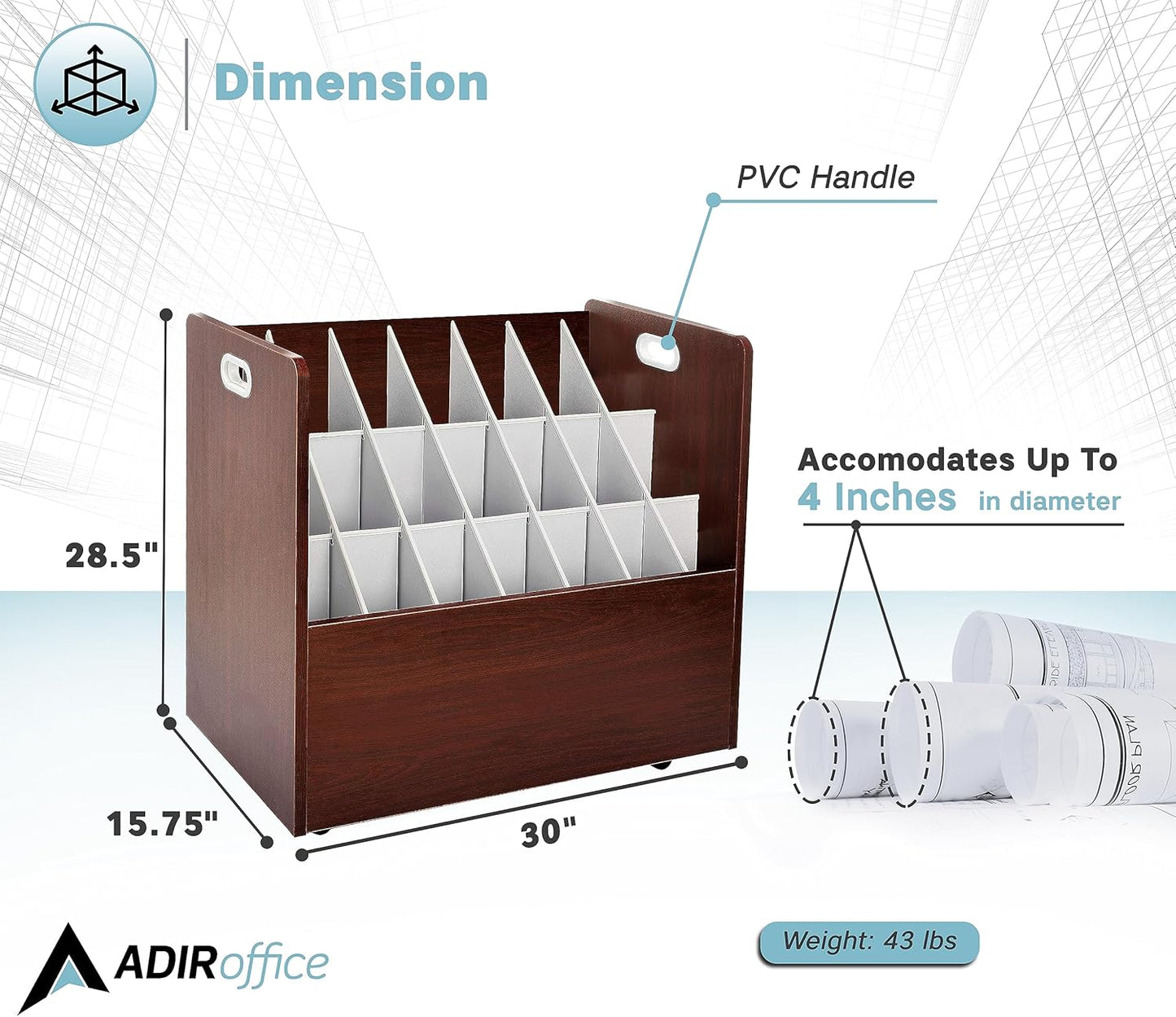 Adir Blue Print Storage Organizer - Mobile Roll File Cart, Construction Plan Holders, Blueprint Cabinet with Wheels, Roll Files Storage for Office and Home (21 Slots, Mahogany)