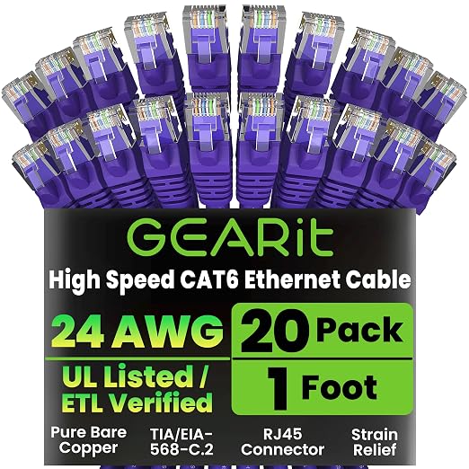 GEARit Cat 6 Ethernet Patch Cable 1 ft Purple Cat6 Patch Cables 1ft by GEARit