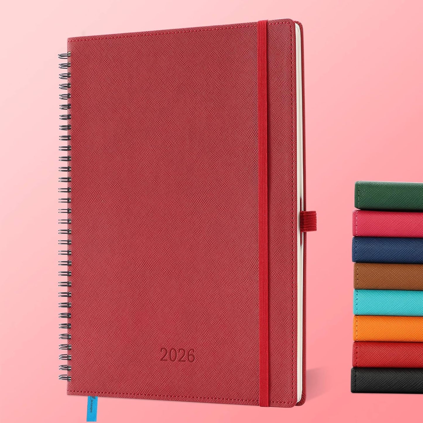 Planner 2026 Daily Weekly and Monthly,11.5"x8.5",12 Months Spiral Bound Calendar Agenda with Self-adhesive Pen Holder,2026 Appointment Book with Vegan Leather Soft Cover,Red