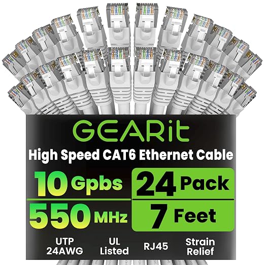 GEARit Cat 6 Ethernet Patch Cables 7 ft White, High Speed 24AWG 10Gbps RJ45 by GEARit