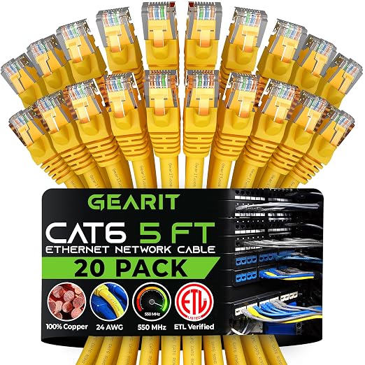 GEARit Cat 6 Ethernet Patch Cable 5 ft Yellow Cat6 Patch Cables 5ft by GEARit