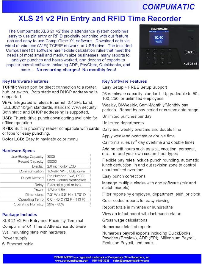 COMPUMATIC XLS 21 v2 PIN Entry and RFID Proximity Badge Card Time Clock System - Image 3