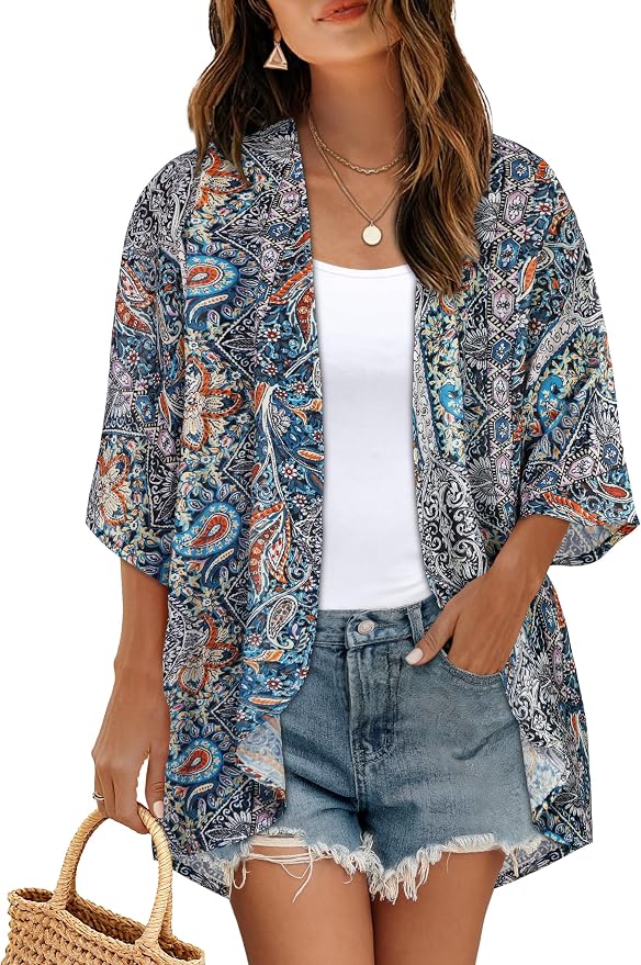 Women's Floral Print Puff Sleeve Kimono Cardigan Loose Cover Up Casual Blouse by CHICGAL