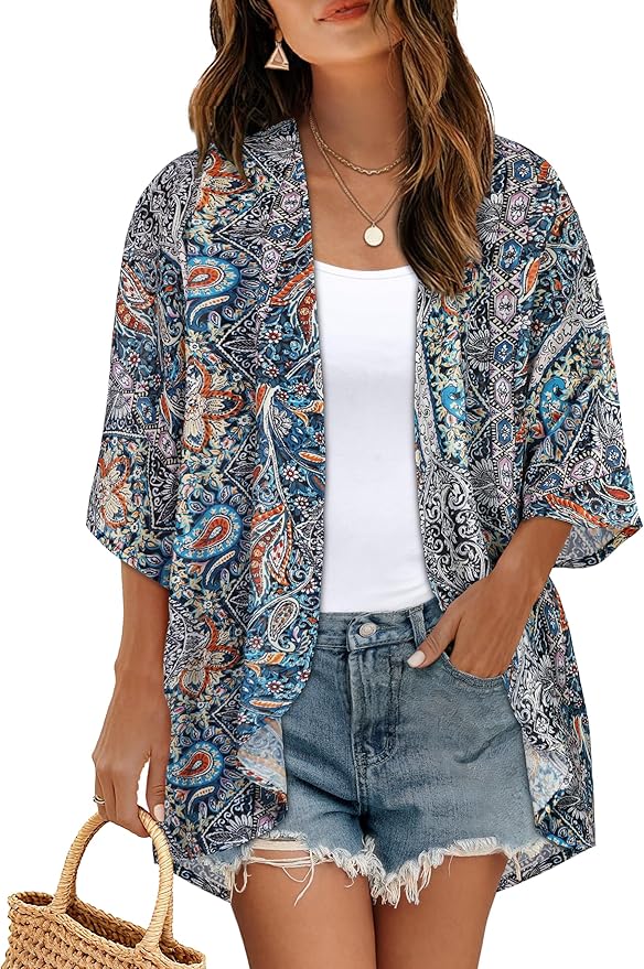 Women's Floral Print Puff Sleeve Kimono Cardigan Loose Cover Up Casual Blouse by CHICGAL