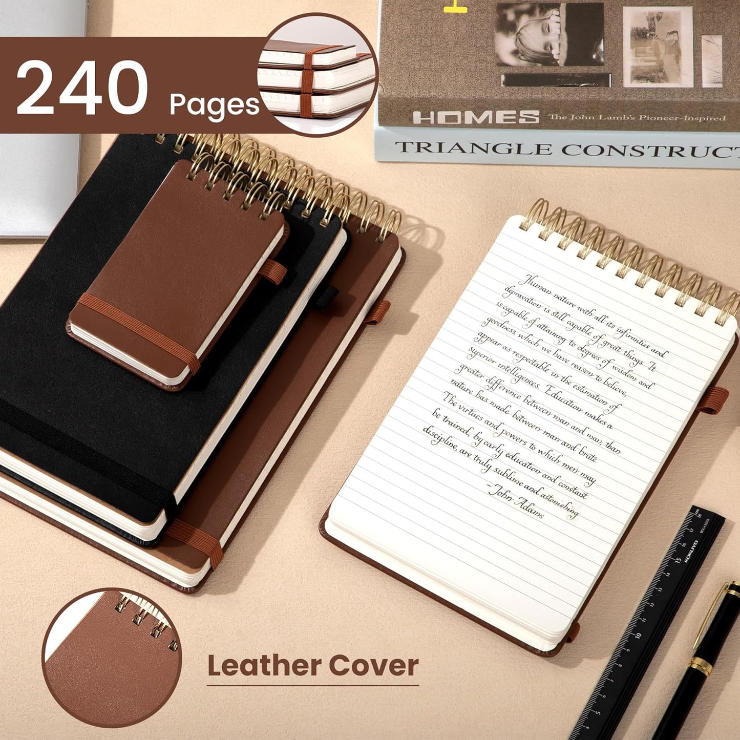 Yoment Top Spiral Notebook Leather Steno Pads 240 Pages Spiral Notepad for Work 5x7 Top Bound Steno Notebook, 100 GSM Thick Paper, Left Handed Notebooks for Office College School, Brown