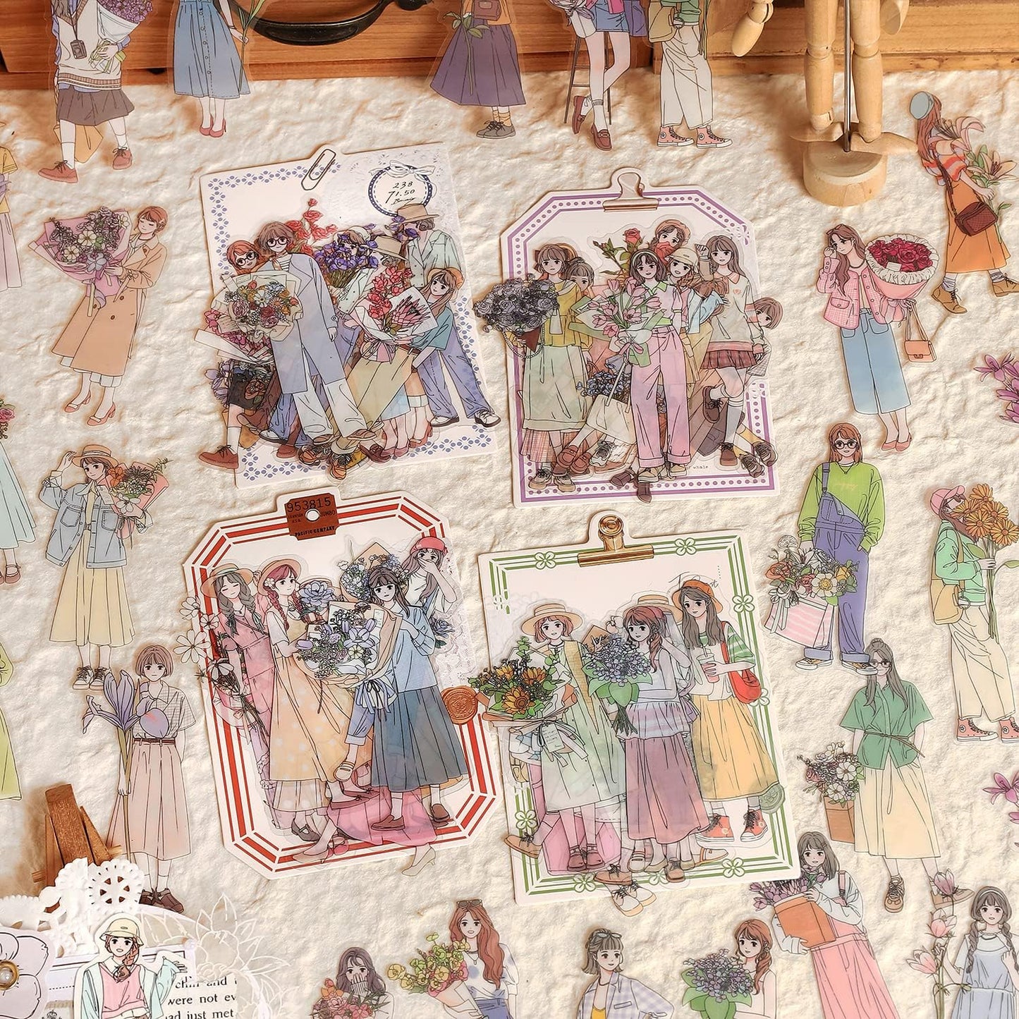 Alideco 120pcs Scrapbook Stickers Kawaii Sweet Girls Flowers People Journaling Scrapbooking Junk Journal Crafts Embelishment Decoration Diary Stickers（xindongnvhai）