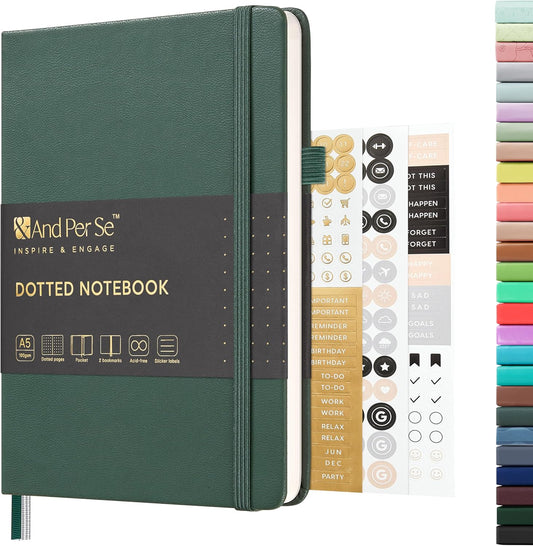 &And Per Se Dotted Journal Notebook, A5 Hardcover Leather Journal, 160 Pages 100 gsm Thick Dotted Paper，3 Sheets of Stickers Included - 5.7'' x 8''（Green）