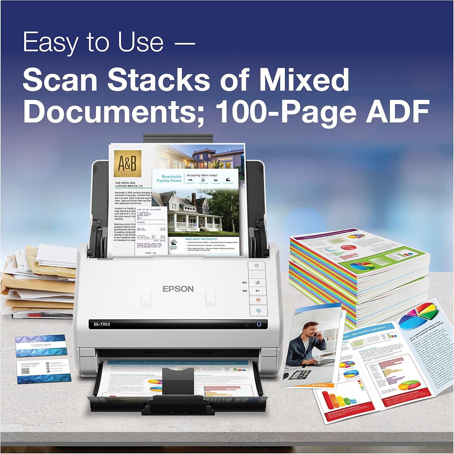 Epson DS-770 II Color Duplex Document Scanner for PC and Mac, with 100-page Auto Document Feeder (ADF), Twain and ISIS Drivers