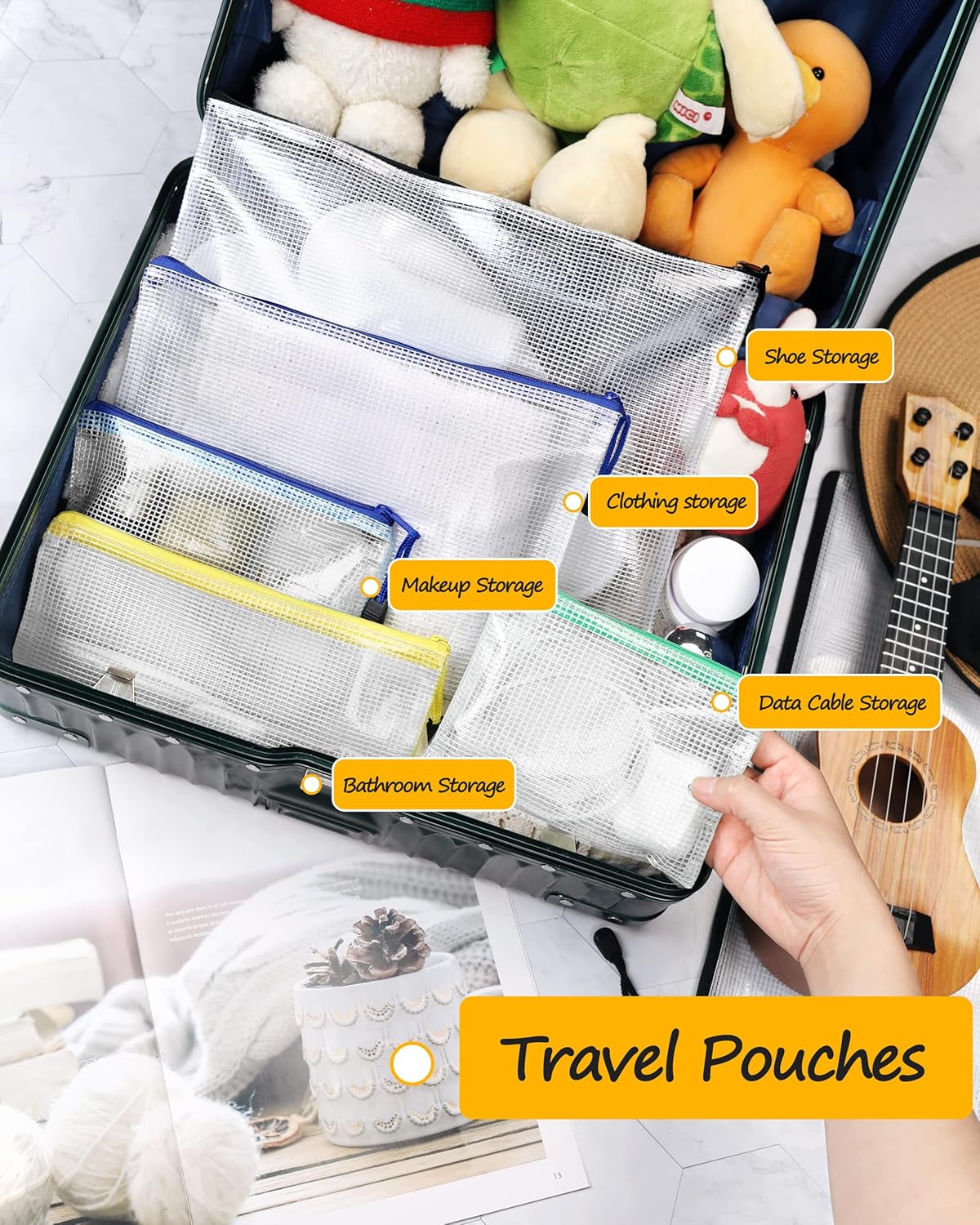 SUNEE Plastic Mesh Zipper Pouch 6x9 in (9 Colors, 18 Packs),Extra Large Water-Resistant Zip Bag for School Office Supplies, Puzzles & Games Organizing Storage