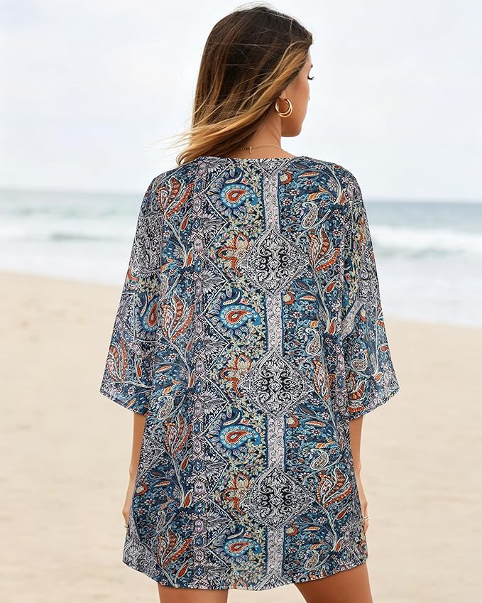Women's Floral Print Puff Sleeve Kimono Cardigan Loose Cover Up Casual Blouse - Image 6