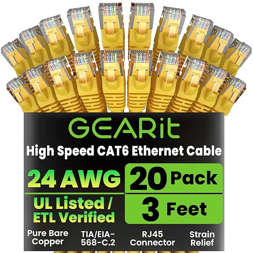 GEARit Cat 6 Ethernet Patch Cable 3 ft Yellow Cat6 Patch Cables 3ft by GEARit