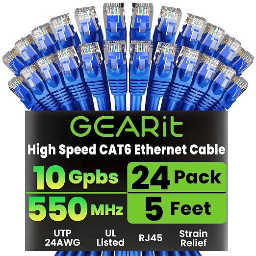 GEARit Cat 6 Ethernet Patch Cable 5 ft Blue, Cat 6 High Speed 24AWG 10Gbps RJ45 by GEARit