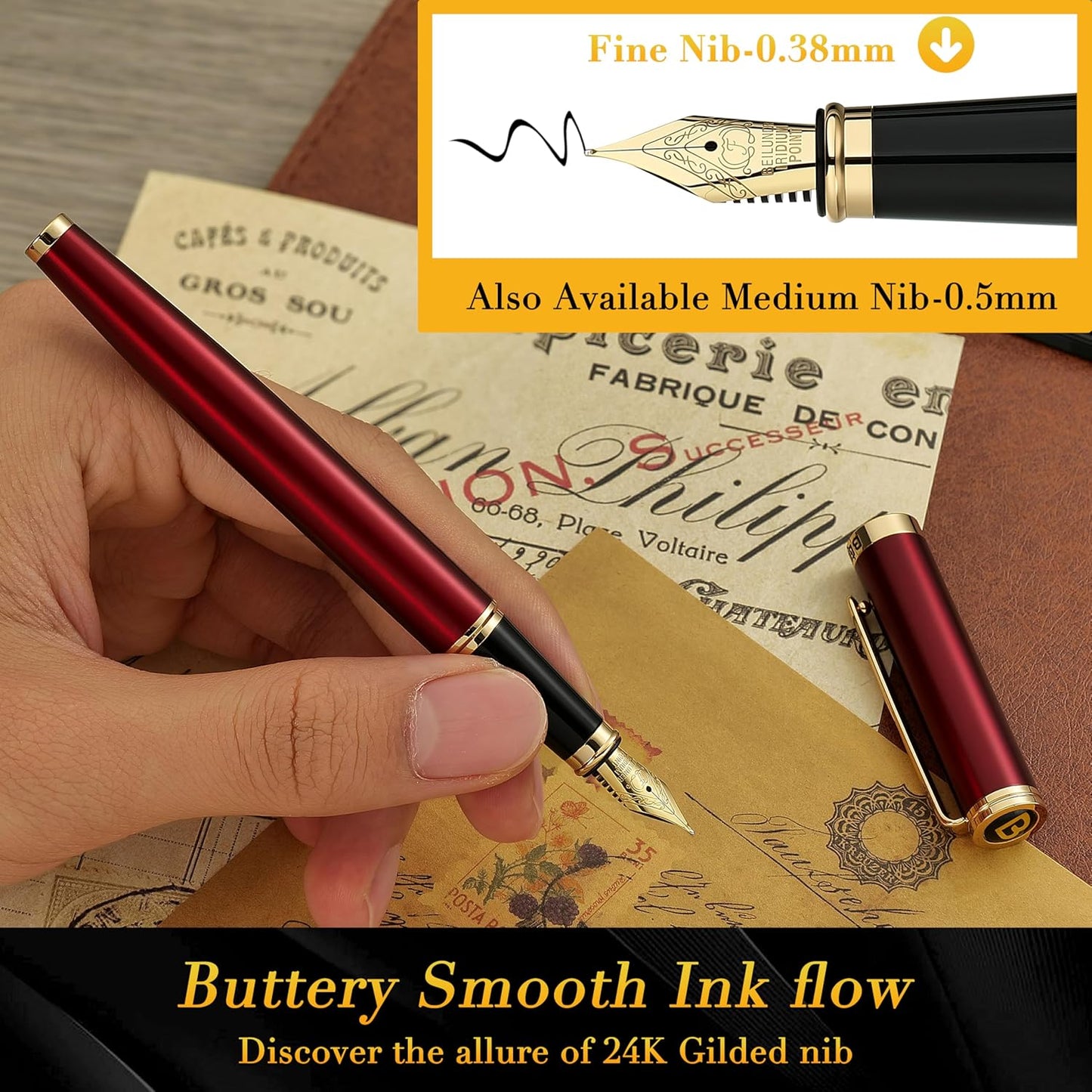 BEILUNER Red Fountain Pen,Stunning Luxury Lacquer,24K Gilded Nib(Fine),Gorgeous 24K Gold Finish,Ink Converter, Fancy Gift for Men&Women-Elegant, Executive,Office, Elegant, Nice Pens for Writing