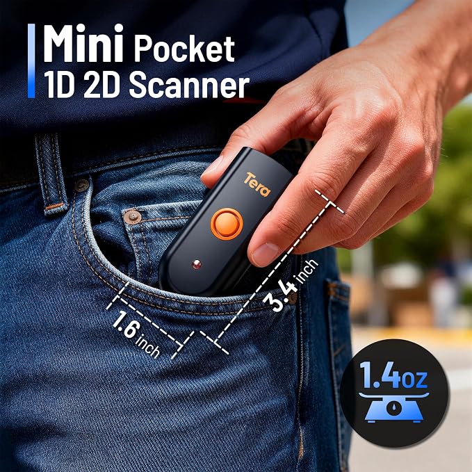 Tera Mini 1D 2D QR Wireless Barcode Scanner, Waterproof Shockproof Pocket - Image 3