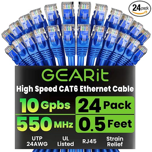 GEARit Cat 6 Ethernet Patch Cable 0.5 ft Blue, High Speed 24AWG 10Gbps RJ45 by GEARit