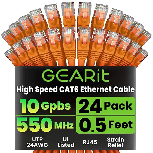 GEARit Cat 6 Ethernet Patch Cables 0.5 ft Orange, High Speed 24AWG 10Gbps RJ45 by GEARit