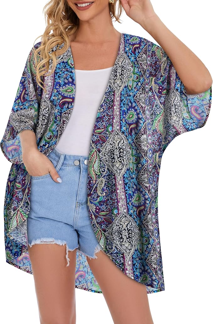 Women's Floral Print Puff Sleeve Kimono Cardigan Loose Cover Up Casual Blouse - Image 2
