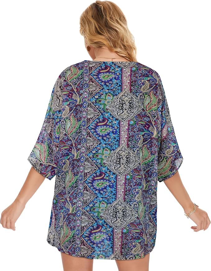 Women's Floral Print Puff Sleeve Kimono Cardigan Loose Cover Up Casual Blouse - Image 5