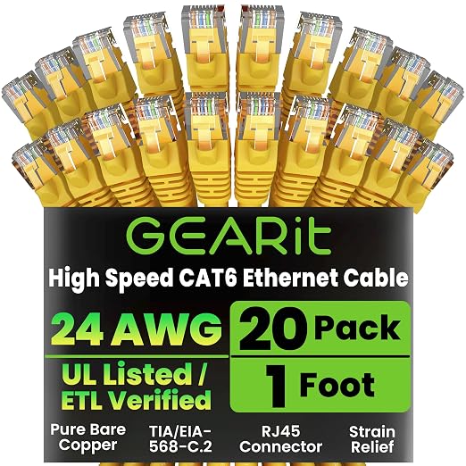 GEARit Cat 6 Ethernet Patch Cable 1 ft Yellow Cat6 Patch Cables 1ft by GEARit