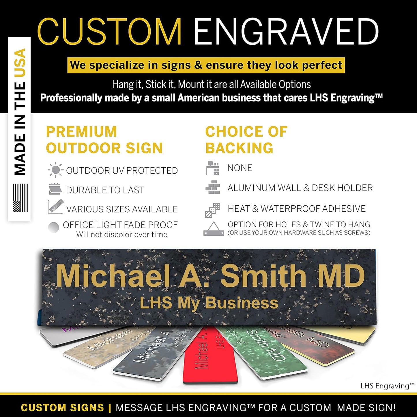 Engraved Custom Door Plate Charcoal Marble Pattern Plastic Office Door Sign with Gold Letters - Made in USA 2x12 - S6
