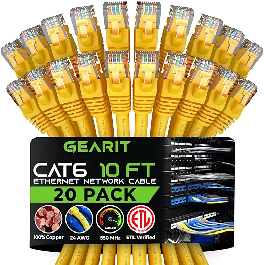 GEARit Cat 6 Ethernet Patch Cable 10 ft Yellow Cat6 Patch Cables 10ft by GEARit