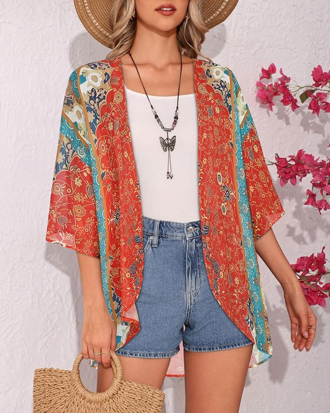Women's Floral Print Puff Sleeve Kimono Cardigan Loose Cover Up Casual Blouse - Image 3