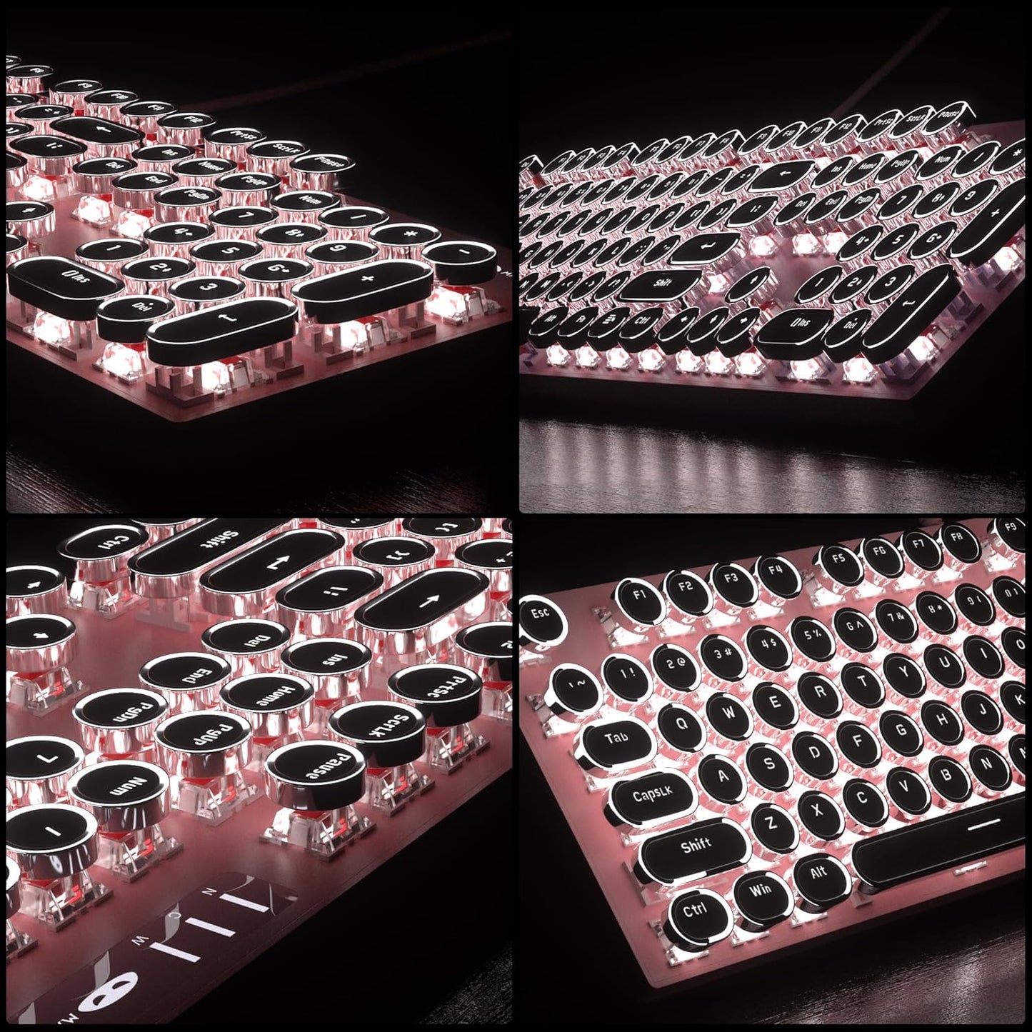 Retro Pink Typewriter-Style Keyboard and Mouse Combo, Cute Light Up Wired Mechanical Keyboard with Linear Red Switches, Full Size for Gaming, Work, Mac, PC, Windows