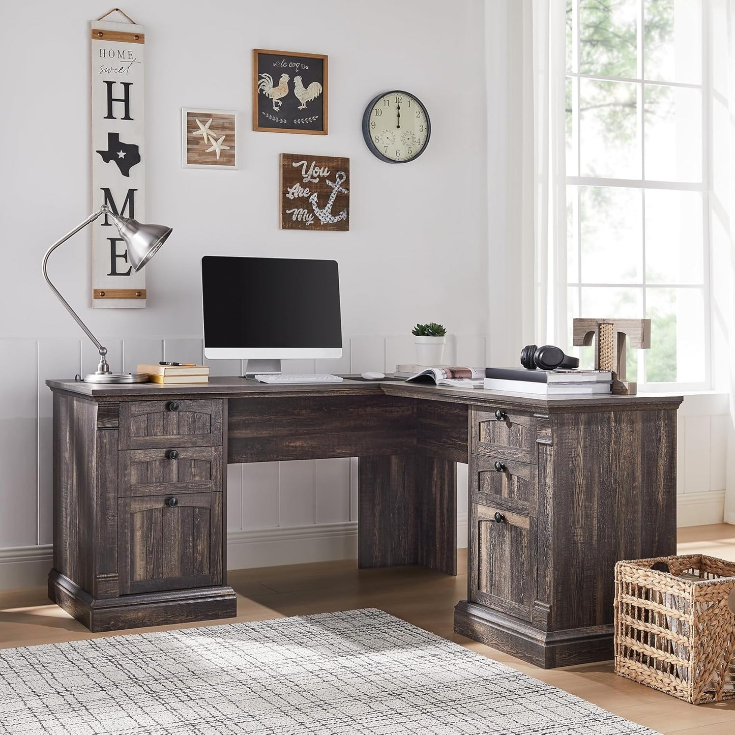 OKD 60" L Shaped Executive Desk with Drawers, Farmhouse Home Office Desk with Charging Station, File Cabinet Storage, Wood Corner Computer Desk for Work and Study, Dark Rustic Oak