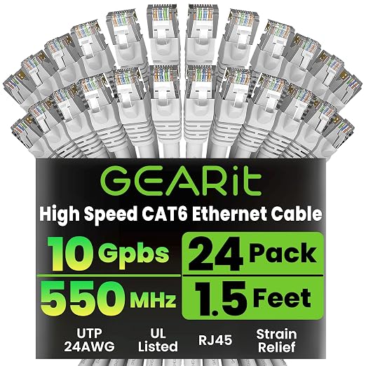 GEARit Cat 6 Ethernet Patch Cables 1.5 ft White, High Speed 24AWG 10Gbps RJ45 by GEARit