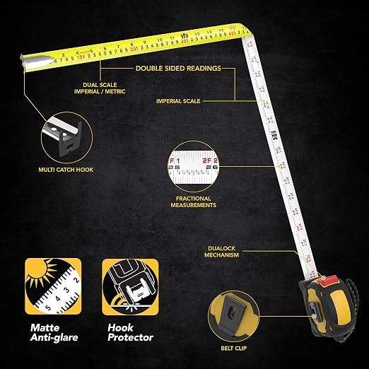 LEXIVON 25Ft/7.5m DuaLock Tape Measure | 1-Inch Wide Blade - Image 3