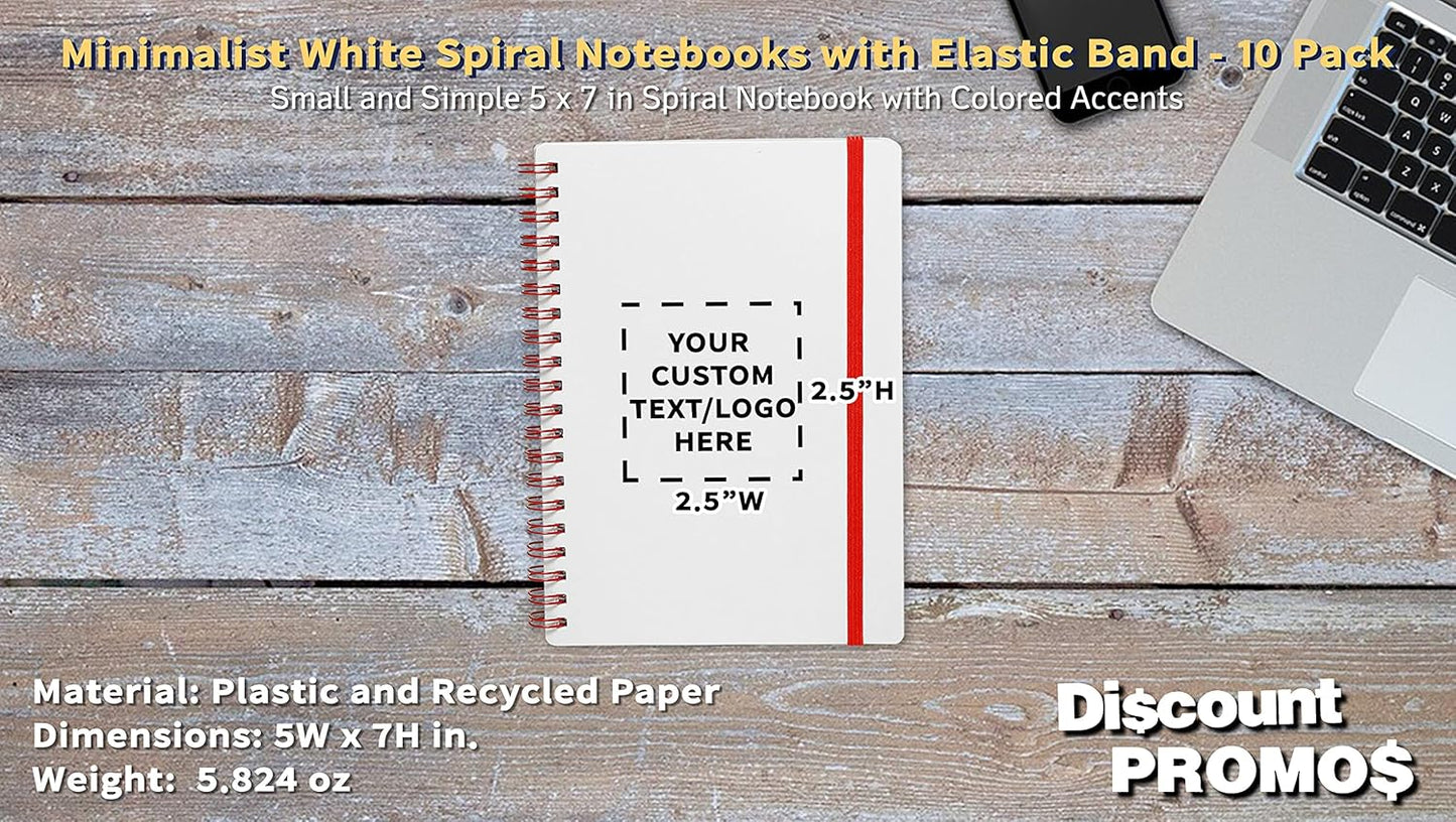10 White Spiral Notebooks with Elastic Band Pack - Customizable Text, Logo - 80 lined pages, Recycled - Red